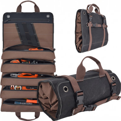 Sac à outils enroulable, organisateur d'outils d'électricien en tissu Oxford robuste et résistant à l'usure avec plusieurs poches zippées, grande capacité de 15 L, pochette de rangement portative pour outils idéale pour l'atelier et les travaux de réparation à domicile.