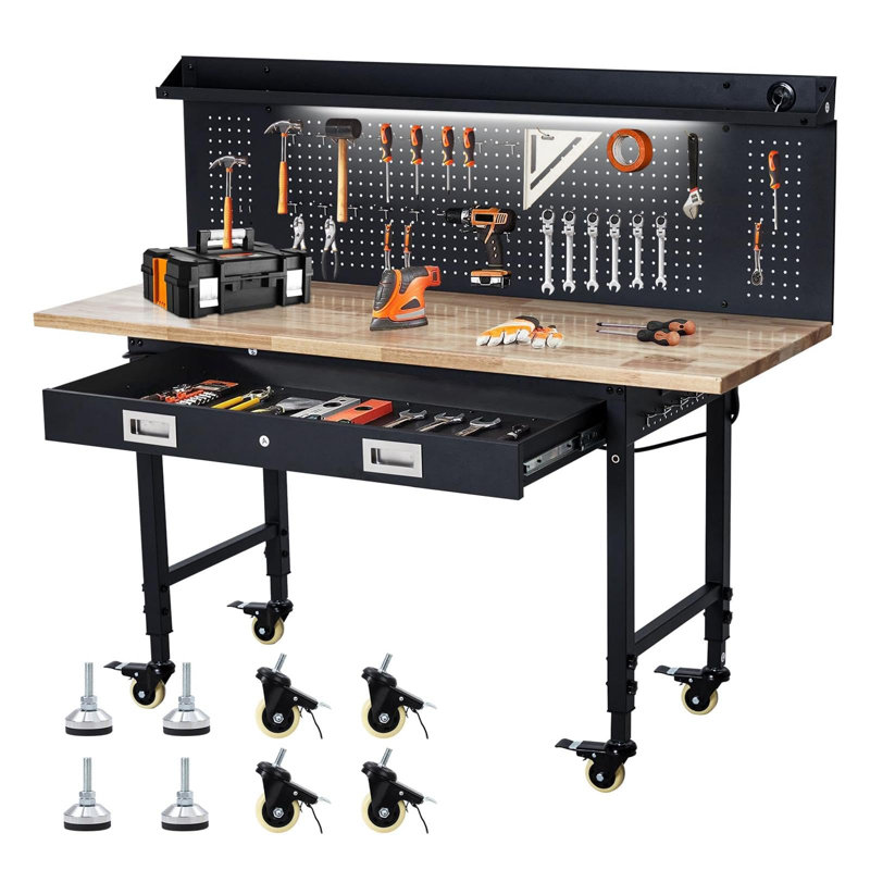 Établi 48 po x L 24 po avec plateau en bois d'hévéa robuste et réglable, capacité de 2 200 lb, bancs roulants pour garage et atelier