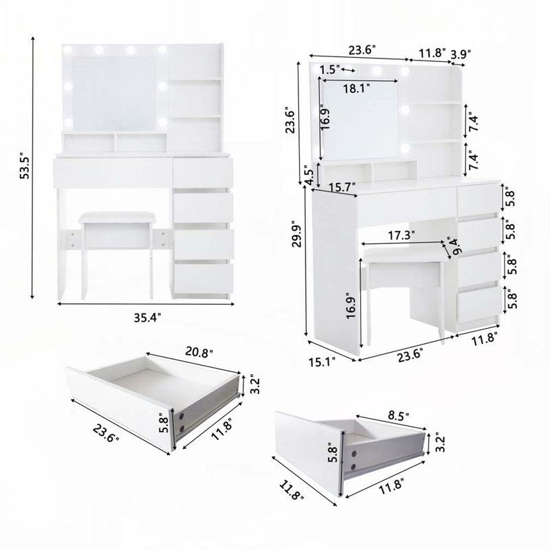 Vanity, Makeup Vanity Desk Set with Mirror & Light, Dressing Table Storage Lots with Power Strip, 3 Lighting Modes with Adjustable Brightness, 37 Inches (White with Stool)