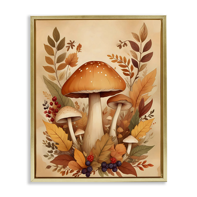 Cadre flottant automne champignon, conception par Creative Studio, H 31 po x l 25 po, Cadre flottant métallique doré