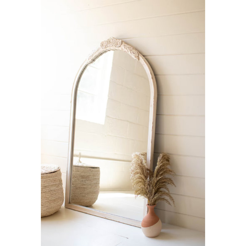 LARGE ARCHED WOOD FRAMED MIRROR WITH CARVED DETAIL