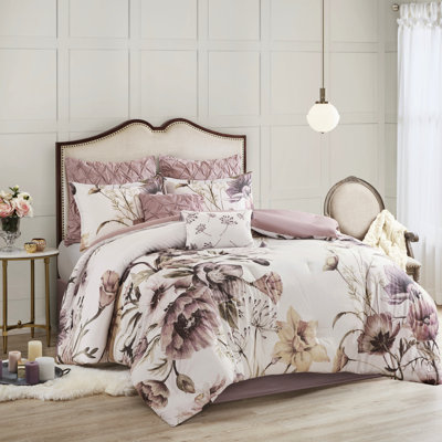 Édredon pour lit très grand Blush - imprimé en coton de 8 pièces avec motif floral doux et coussins décoratifs