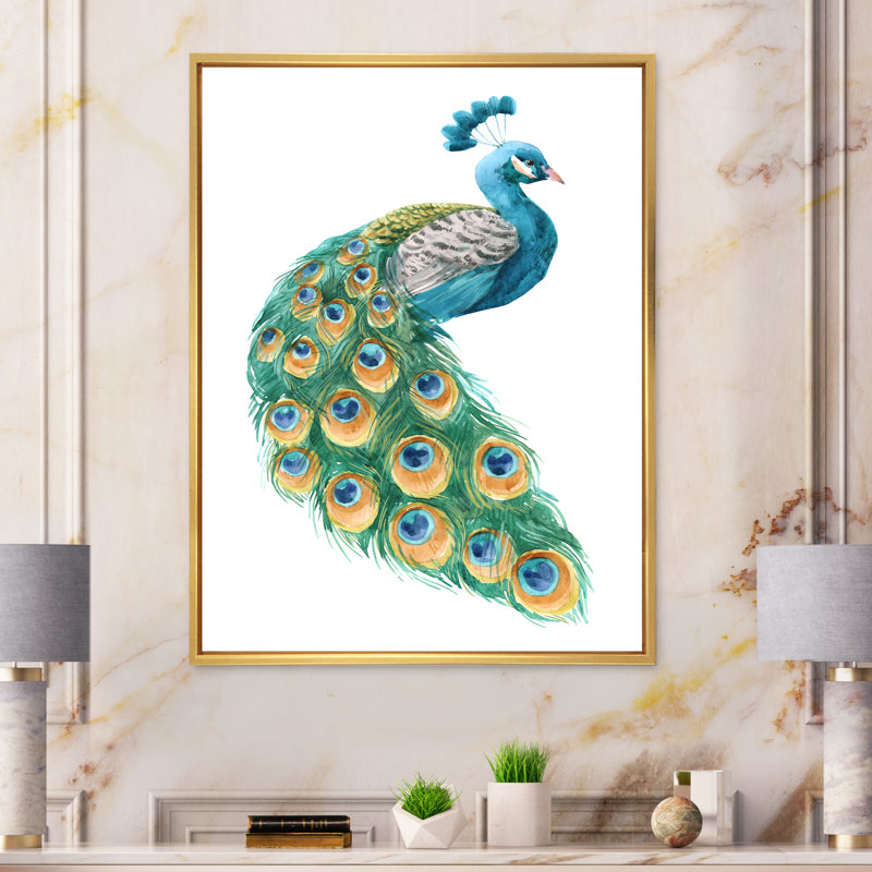 Vibrant bleu jaune et vert paon - Peinture sur toile, H 20 po x l 12 po, Cadre flottant doré