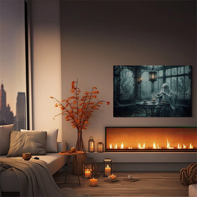Tableau sur toile encadré (1 pièce), représentant un fantôme gothique sombre versant du thé pour Halloween. Parfait pour le salon, la chambre à coucher, le bureau, la salle de bain, une chambre d'étudiant ou toute autre pièce de la maison. Prêt à accrocher.