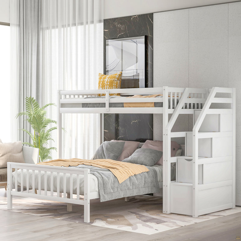 Lit mezzanine simple au-dessus d'un lit double avec escalier, Blanc