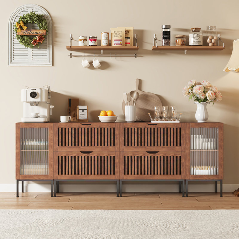 87" Buffet Cabinet,modern Storage Sideboard With Glass Doors And Drawers, Wood Credenza Accent Console Coffee Bar For Kitchen,living Room,hallway,brown