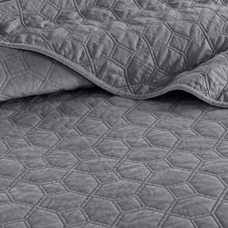 3 Piece Velvet Quilt Set Grey Full/Queen