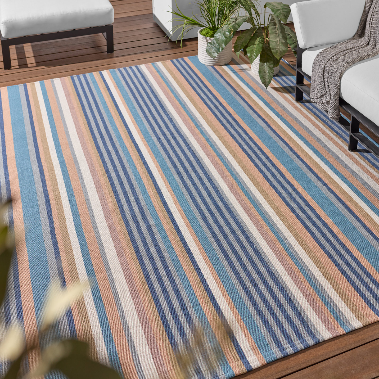 Edeline Blue Cream Gray Hand-Woven Striped Rug, Runner 3' x 8'