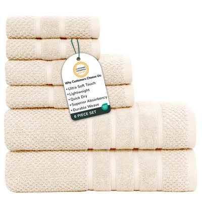 6 Piece 100% Cotton Towel Set | Combed Cotton Bath Towels, Hand Towels & Washcloths | 625 GSM Super Absorbent, Quick Dry, Plush, Double Stitched