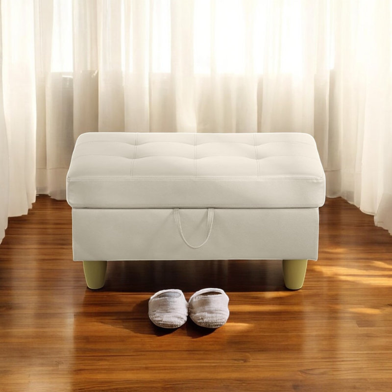 Orella 34" Wide Faux Leather Vegan Leather Rectangle Tufted Hinged Flip-Top Storage Ottoman Bench, White