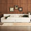 Grand lit tapissier avec fonction de chargement et 2 tiroirs ovales, plateforme en lin beige-822938946