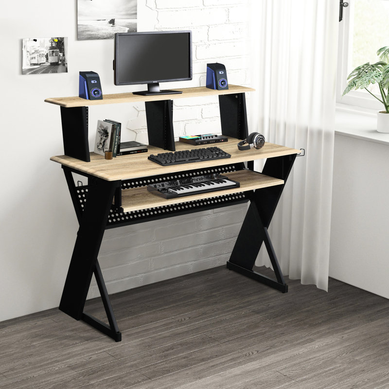 Bureau naturel et noir avec support pour écouteurs, étagères de gestion des câbles pour sessions musicales au bureau, plateau pour clavier d'ordinateur, musiciens