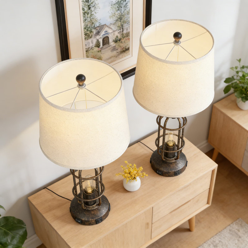 Lampe de table de style industriel avec ports USB-C et USB-A et prise de courant CA, lampes de table rétro pour le salon et la chambre à coucher avec deux veilleuses, comprend 4 ampoules DEL