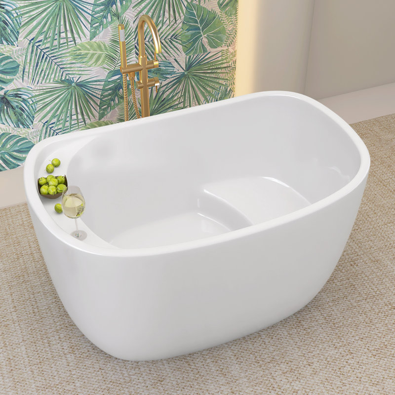 47" W X 31.5'' D Freestanding Acrylic Bathtub Double Slipper Small Soaking Tub Stand Alone Oval Bathroom Tub with Built-in Seat