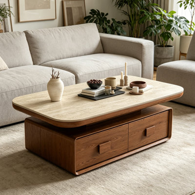 Rectangular stone slab storage coffee table