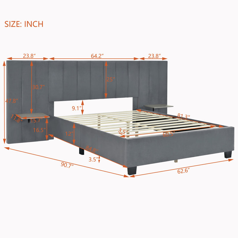 Anyston Upholstered Platform Bed, Gray, Queen