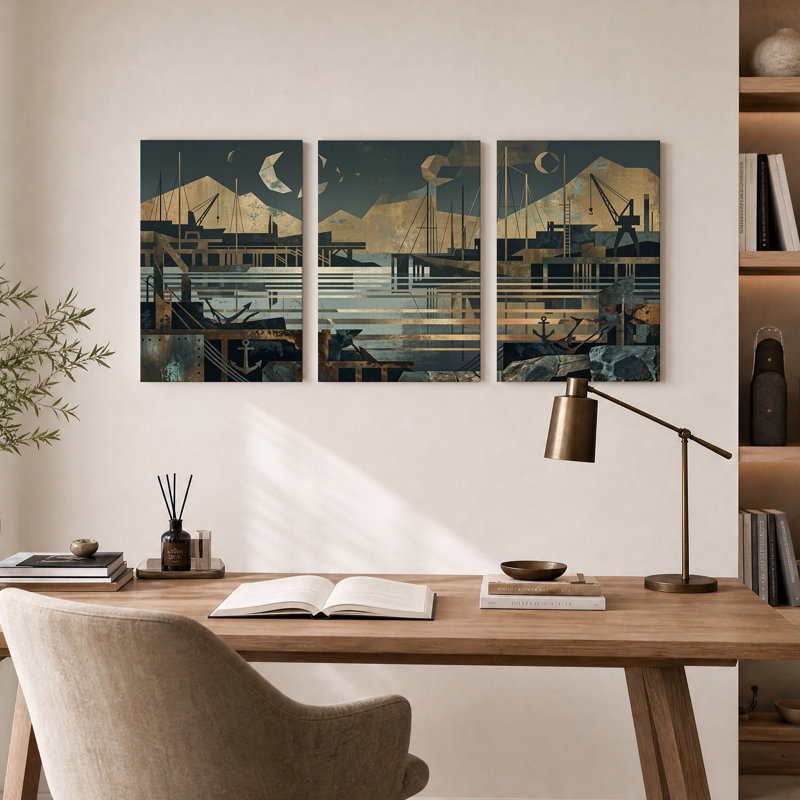 Ensemble de 3 toiles murales représentant un port industriel en bronze et bleu, H 18 po x l 12 po x 3 pièces