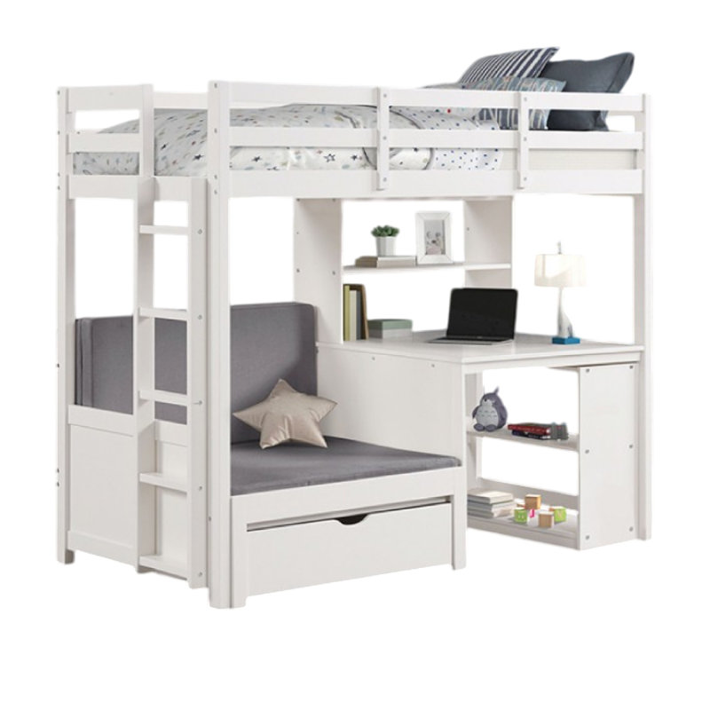 Lit mezzanine simple Sirius avec bureau, tablette, bois de pin blanc