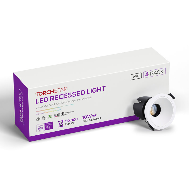 Luminaire encastré DEL LumeX 3 po à cardan antiéblouissement, sans boîtier, avec bordure étroite, 5CCT 2700K-5000K sélectionnable, 580LM 10W, IRC 90+, gradable, étanche à l'air (norme IC), résistant à l'humidité