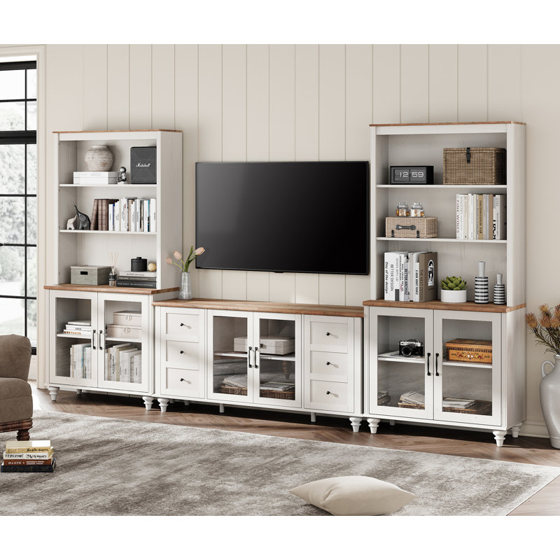 Entertainment Center With Bookshelves With Glass Doors, Farmhouse Wall Unit TV Stand For Tvs Up To 65", Media Console Table For Living Room, Bedroom & Home Theater, White