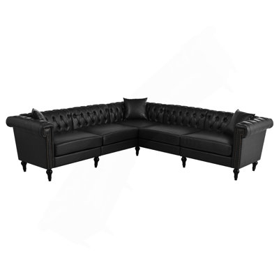 Sectional Sofa Couch For Living Room, L Shaped Reversible Modern Chesterfield Sofa With Rolled Arms And Nailhead, 5 Seat Tufted Couch For Small Or Large Space PU Leather