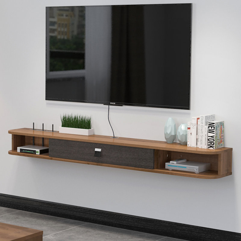 Walnut Floating TV Stand for 65- 70" TV, Modern Wood Media Console Table with Storage, Wall Mounted Small Entertainment Centre