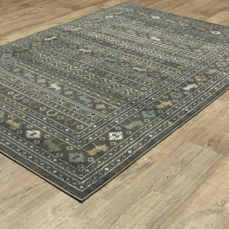 Tapis gris / noir en polypropylène tissé à la machine Southwestern, Rectangle 7 pi 10 po x 10 pi