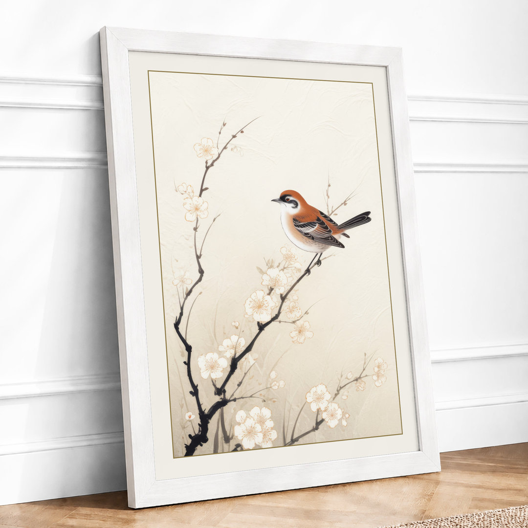 Bird on Blossoming Branch Japandi - Framed Print