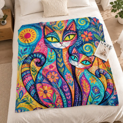 Couverture polaire à imprimé chat bohème (1 pièce) – Design artistique vibrant ; Douce et confortable pour la décoration intérieure ; Parfait pour le divan ; Lavable à la machine pour un entretien facile ; Un cadeau unique pour les amoureux des chats ; Apporte une touche de couleur à n'importe quelle pièce ; Parfait pour se blottir.