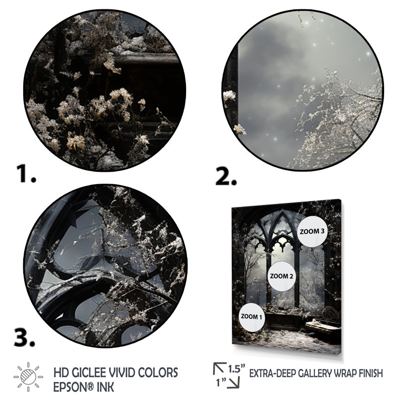 «Midnight Gothic Winter Window View III - Winter Landscape», art mural, Cadre flottant blanc, 60" H x 28" W