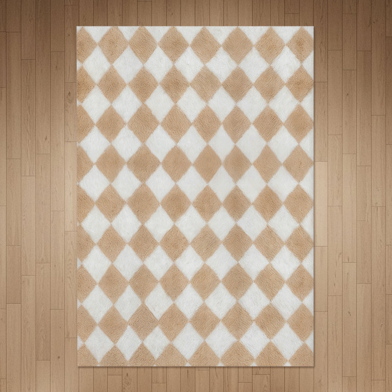 Modern Beige/Brown Checkered Machine-Washable Shag Area Rug, Rectangle 6' x 9', Beige/Brown