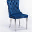 Collection Nikki, chaise de salle à manger rembourrée en velours de bois massif et moderne avec pieds en acier inoxydable chromé, garniture cloutée, ensemble de 2, bleu et chrome-1139609214
