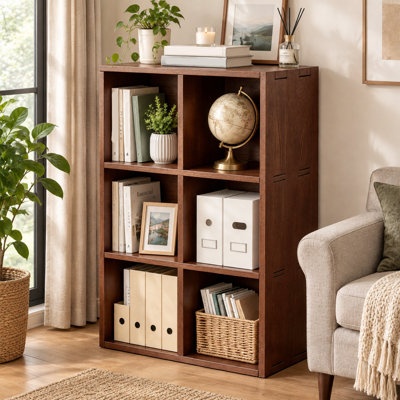 Bibliothèque en bois massif à 6 compartiments, tablette de rangement ouverte à 2 niveaux, meuble de rangement autoportant pour livres, décoration et organisation de la maison