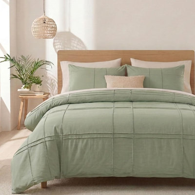 100% Cotton Sage Green King Size Duvet Cover Set - 3 Pieces Pintuck Pleated Duvet Cover, Soft Breathable Duvet Cover with Zipper Closure, Modern Minimalist Bedding Set
