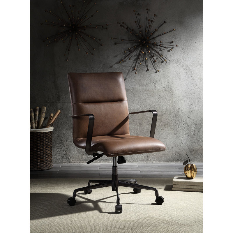 Chocolate Top Grain Leather Chair With 360 Degree Swivel, Lift For Adjustable Height, Padded Back And Seat, Horizontal High , Metal Armrest, 5 - Star Base Office Of Leather, Swivel Seat & Antique