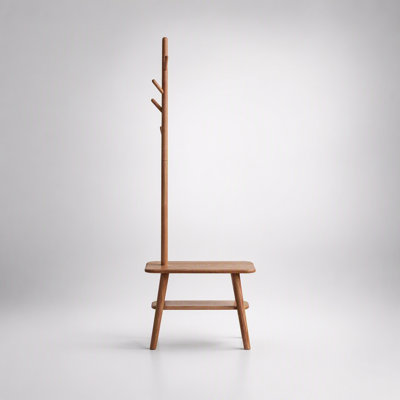 Natural Solid Wood Shoe Stool with Cloth Hanger, Mid-Century Modern Storage Bench for Entryway and Living Spaces