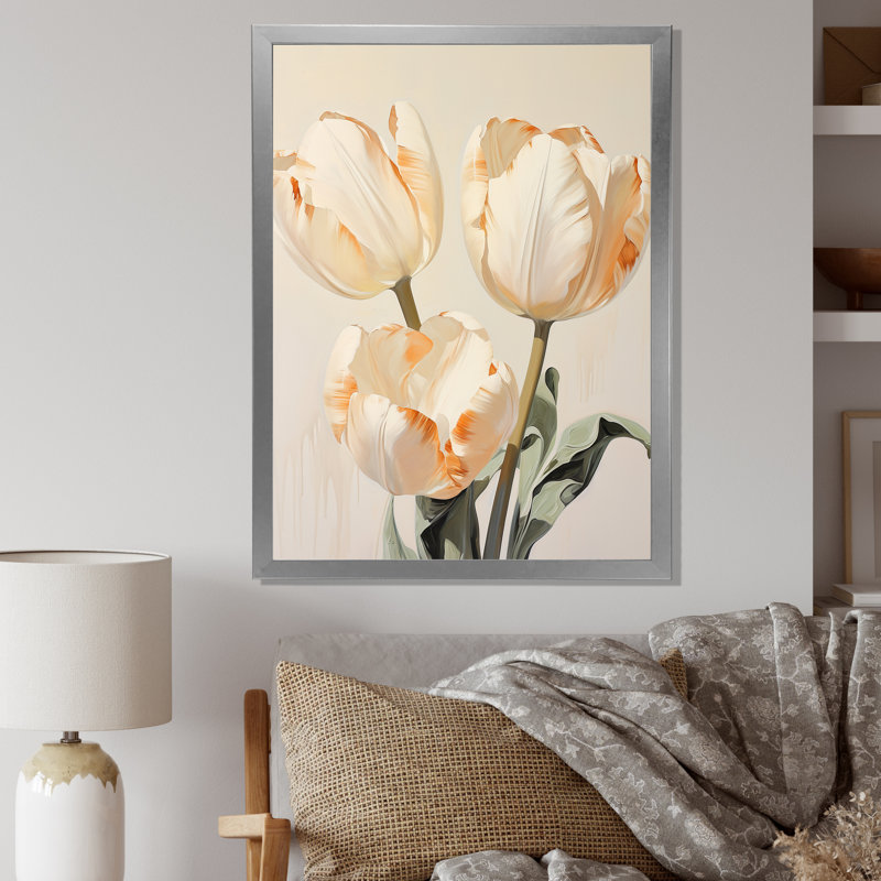 Minimalisme, symphonie de tulipes beiges sur toile, Cadre simple argenté, H 32 po x l 24 po x P 1 po