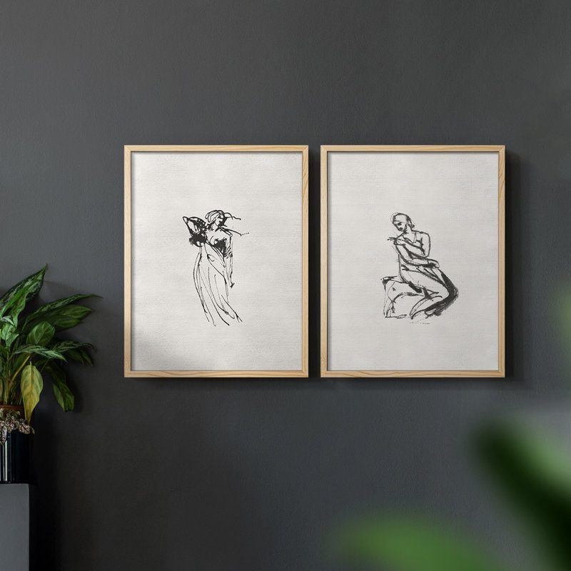 Croquis rétro, impression giclée sur fond vintage - ensemble de 2, Encadré naturel, H 12 po x l 30 po