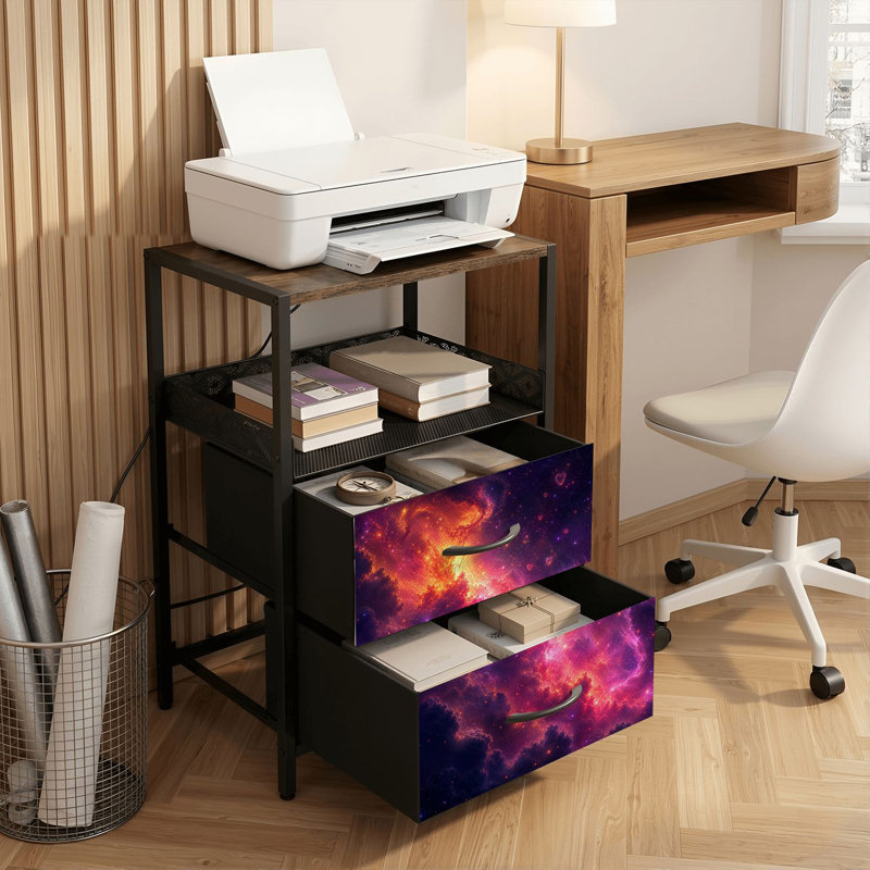 Table de chevet 2 tiroirs avec station de charge, table de chevet avec ports USB et amp; Table de chevet ouverte noire Outlets avec impression de l'espace nébuleux cosmique vibrant
