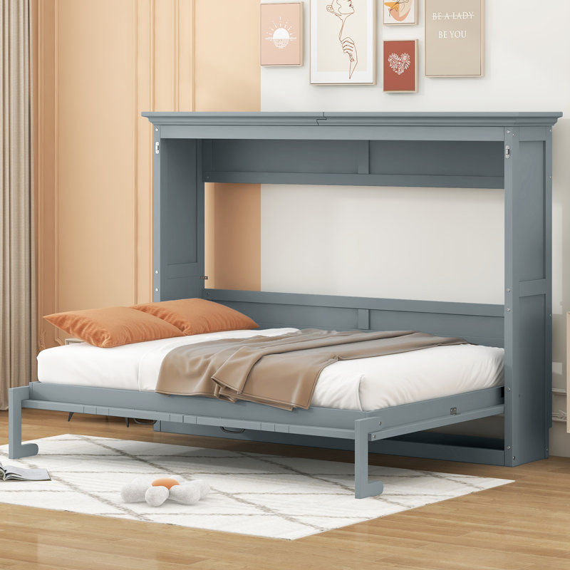Lit escamotable pleine grandeur - Lit armoire compacte, conception peu encombrante, structure en bois massif, aucun sommier tapissier requis, gris