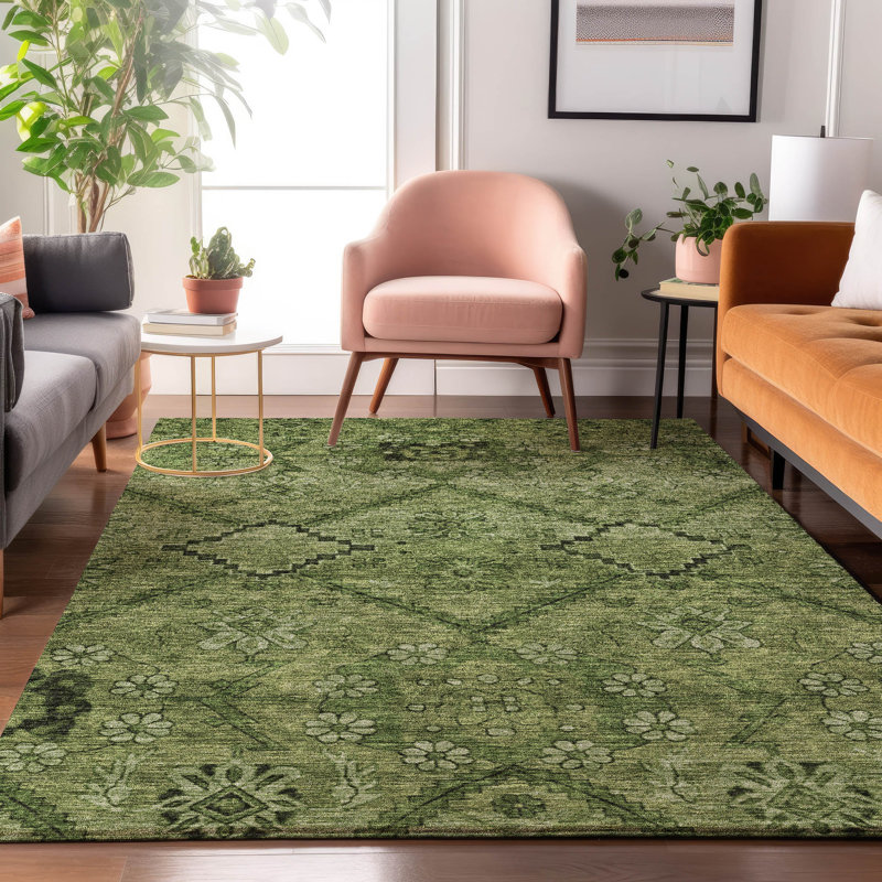 Tapis olive Prisco lavable à la machine de qualité supérieure, Rectangulaire 3 pi x 5 pi