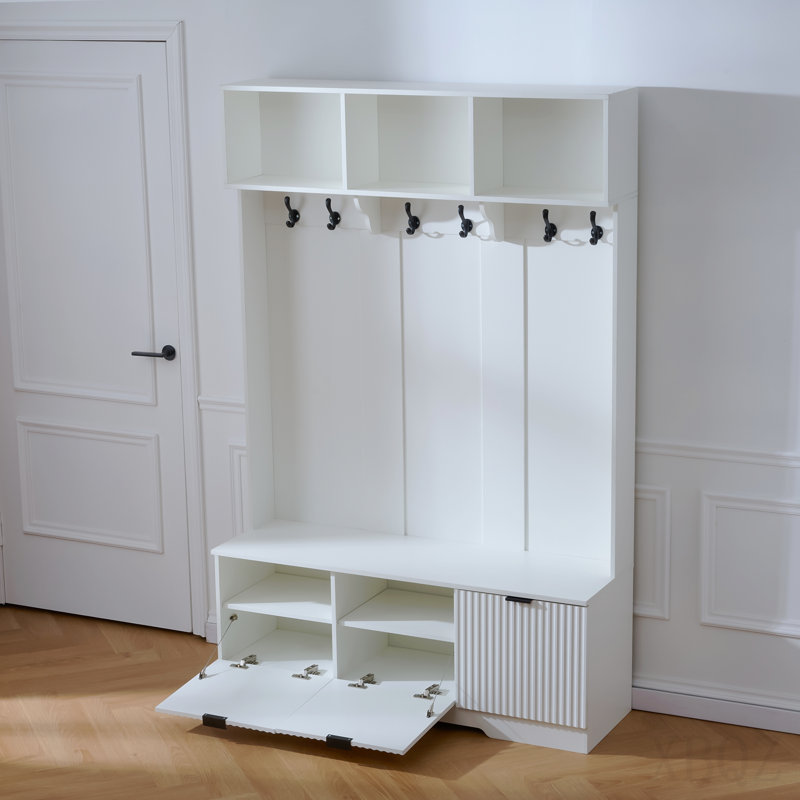 49.6 " 5-In-1 Hall Tree With Bench, Shoe Storage & 3 Open Storage Cabinets, Farmhouse Hall Tree With High Gloss Fluted Doors For Hallway Living Room
