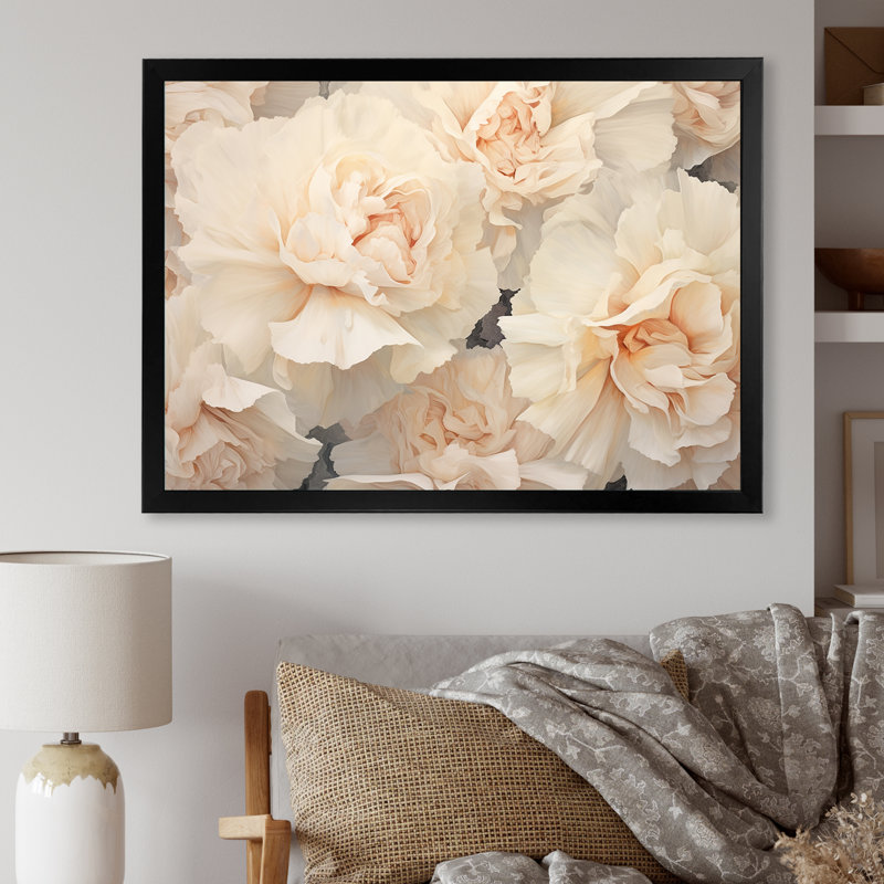 Arrangement d'œillets beige V sur toile, Cadre simple noir, H 16 po x l 32 po x P 1 po
