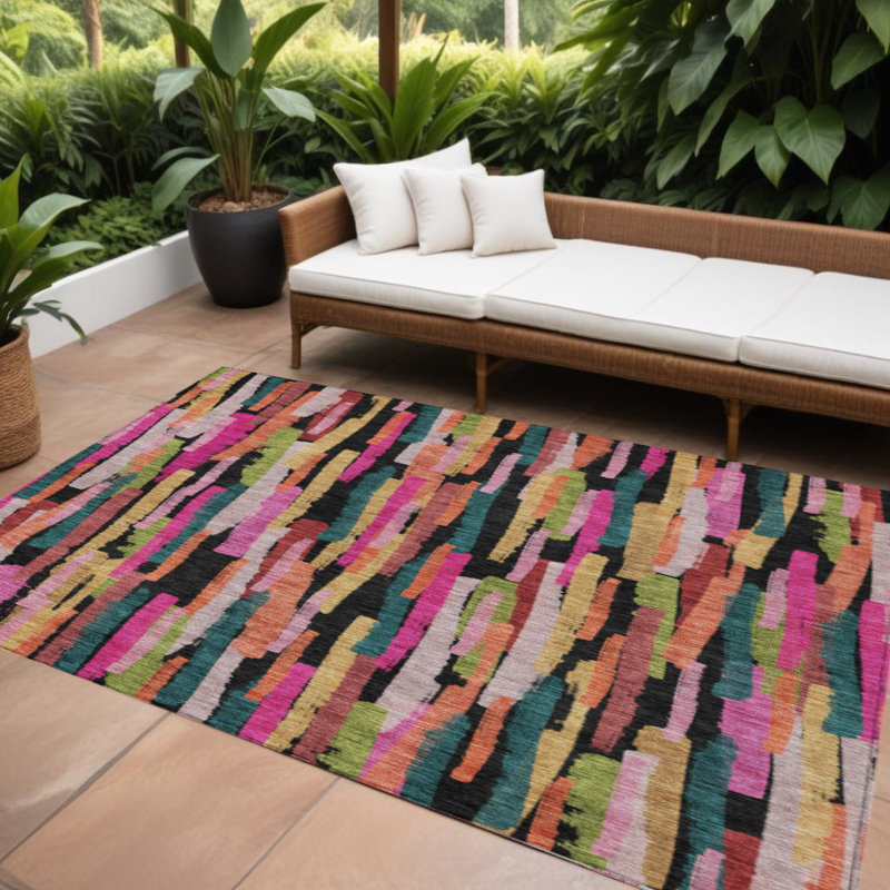 Tapis intérieur lavable rayé rose, noir et vert 9 pi x 12 pi