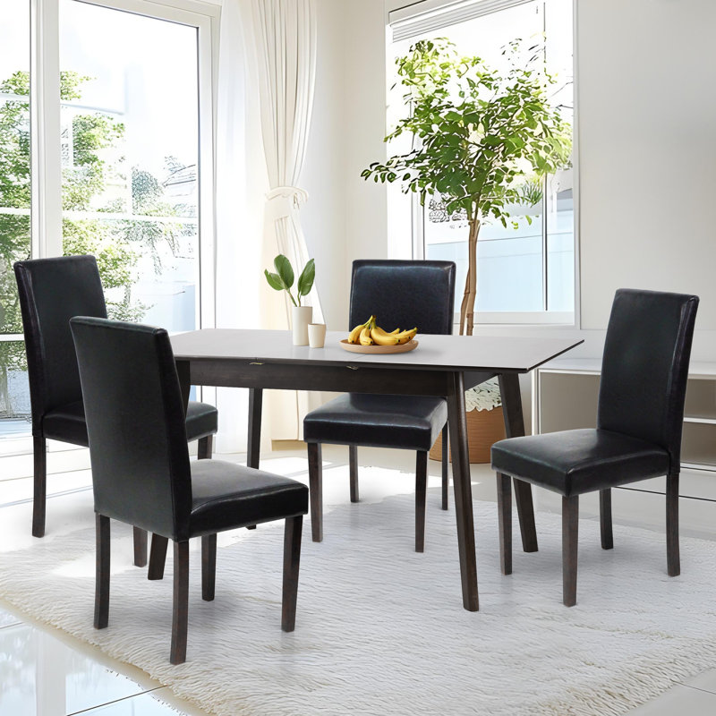 5 Piece Dining Table Set, Extendable Rectangular Dining Table w 4 Classic Style Solid Wood Upholstered Chairs, Espresso