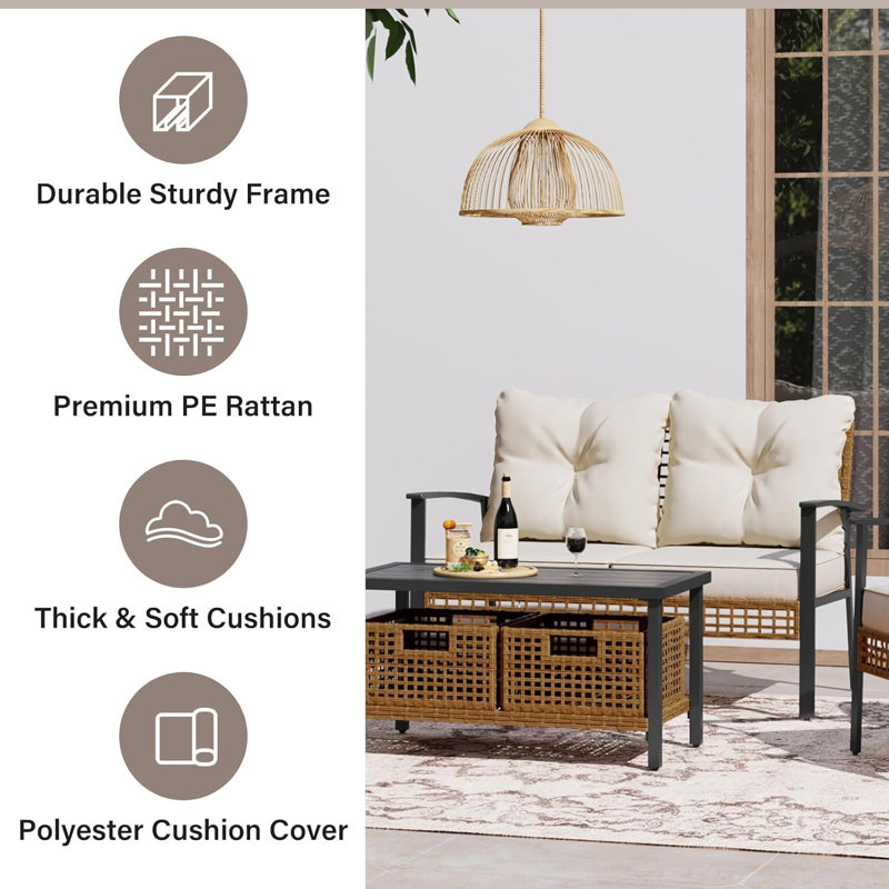 Causeuse de patio pour 2 personnes avec table basse et coussins beiges