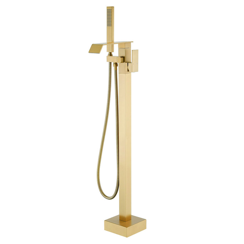 Freestanding Tub Faucet With Hand Shower Single Hole Waterfall Bathtub Faucet Modern Brass Single Handle Floor Mount Tub Fillers
