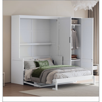 Grand lit escamotable mural avec placard, blanc