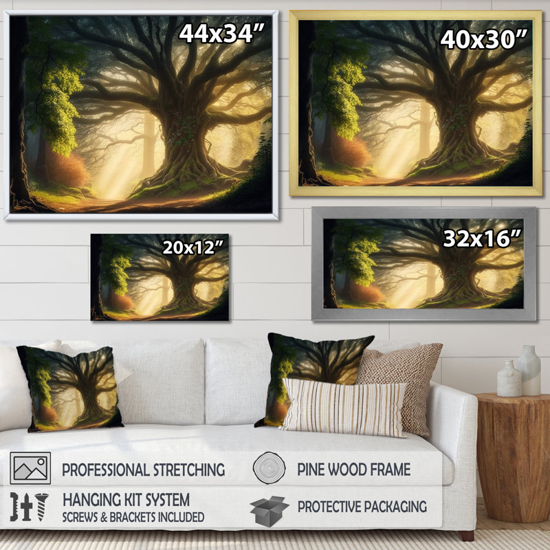 Soleil sur les branches d'un arbre majestueux sur toile, H 34 po x l 44 po x P 1,5 po, Cadre photo argenté