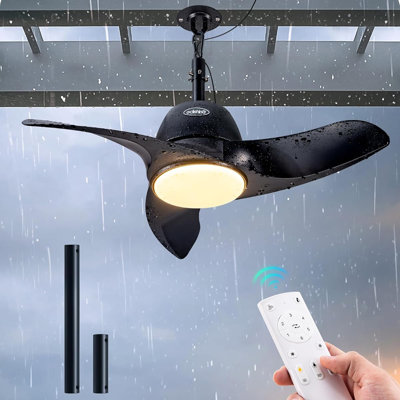 30“ Outdoor Ceiling Fan With Light And Remote, IP66 Waterproof Gazebo Fan Hanging With Hook, 3CCT 6 Speed DC Motor, Matte Black Blades, Plug In Wet Rated Fan For Patio, Pergola, Porch, Garage